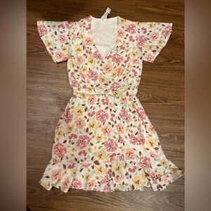 Sadie & Sage Cream Wrap Dress with Pink & Yellow Floral Print